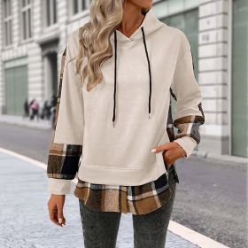 European And American Long Sleeve Plaid Colorblock Hooded Velvet Padded Sweater (Option: White-L)