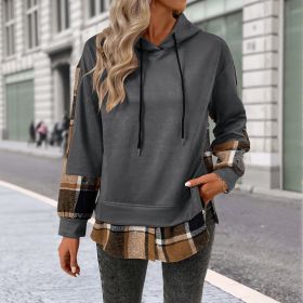 European And American Long Sleeve Plaid Colorblock Hooded Velvet Padded Sweater (Option: Dark Grey-L)