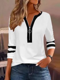 Women's V-collar Contrast Color Striped Loose Zip Long-sleeved T-shirt (Option: White-L)
