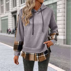 European And American Long Sleeve Plaid Colorblock Hooded Velvet Padded Sweater (Option: Light grey-L)