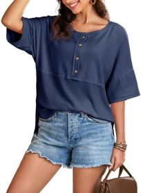 Women's Waffle Knit Top Fashion (Option: Blue-XXL)
