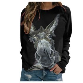 Loose Round Neck Donkey Head Floral Print Long Sleeve Pullover (Option: Black-2XL)