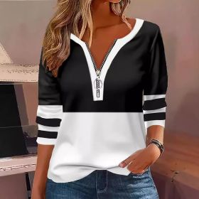 Women's V-collar Contrast Color Striped Loose Zip Long-sleeved T-shirt (Option: Black-S)